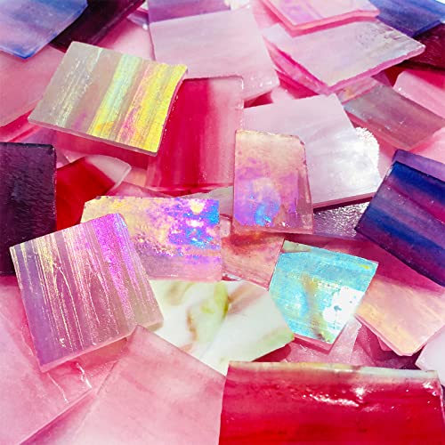 PALJOLLY Pink and Purple Glass Mosaic Tiles Stained Glass Sheets Pieces for Crafts, Stained Glass Supplies Kit for Mosaic Making, 35oz/1kgs Value Pack Pink+Purple