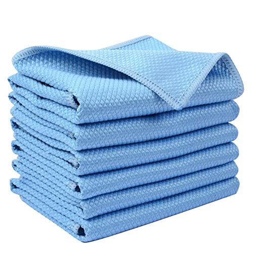 SINLAND Microfiber Glass Cleaning Cloth Lint Free Polishing Cloth for Quick Drying Window Glass Car Windows Mirrors Stainless Steel 12x16inch 6pack Blue