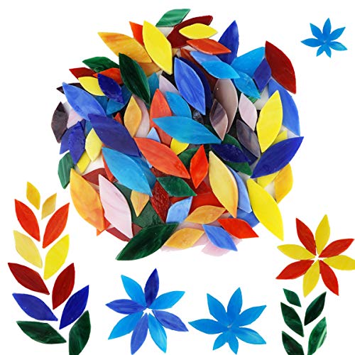 Lanyani Bright Glass Petal Mosaic Tiles, Hand-Cut Stained Glass Flower Leaves Tiles for Crafts, 100 Pieces Assorted Size&Colors