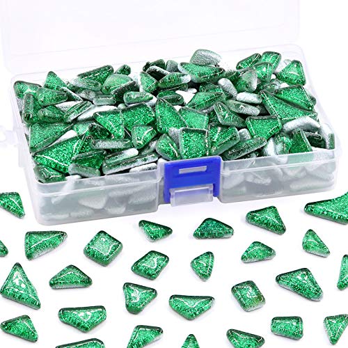 Swpeet 1 Pound Green Shine Crystal Series Mosaic Tiles Assortment Kit, Square and Triangle Genuine Mosaic Tiles Glitter Crystal Mosaic Perfect for Home Decoration Crafts