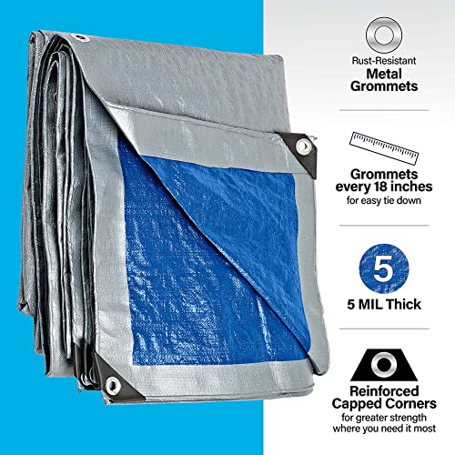 10x12 Ft Tarp, Waterproof Plastic Poly 5.5 Mil Thick Tarpaulin with Metal Grommets Every 18in - Emergency Rain Shelter, Outdoor Cover and Camping Use - (Reversible, Blue and Silver)