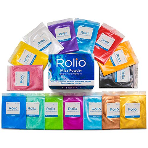 Rolio - Mica Powder - 15 Bags of Pearlescent Color Pigment for Paint, Dye, Soap Making, Nail Polish, Epoxy Resin, Candle Making, Bath Bombs, Slime