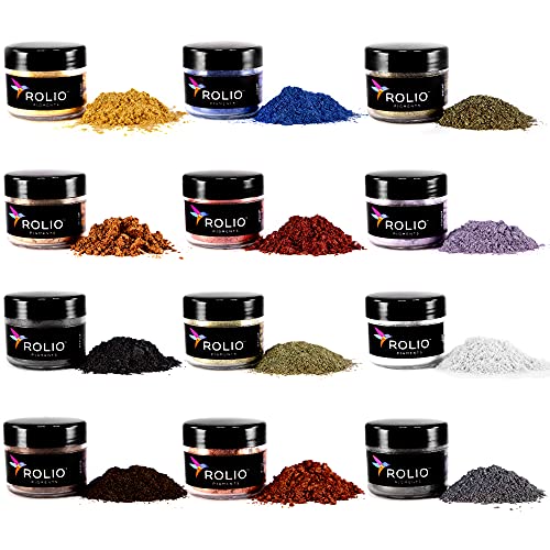 Rolio - Mica Powder - 12 Jars of Pearlescent Color Pigment for Paint, Dye, Soap Making, Nail Polish, Epoxy Resin, Candle Making, Bath Bombs, Slime - Earth Colors Set