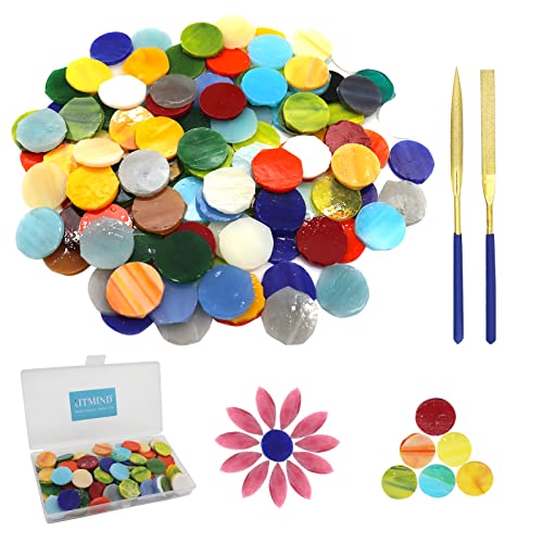 LITMIND 120 Pcs Round Stained Glass Kit, Precut Petal Glass Mosaic Tiles, Stained Glass Supplies Glass Gems Mosaic Making Supplies for DIY Crafts