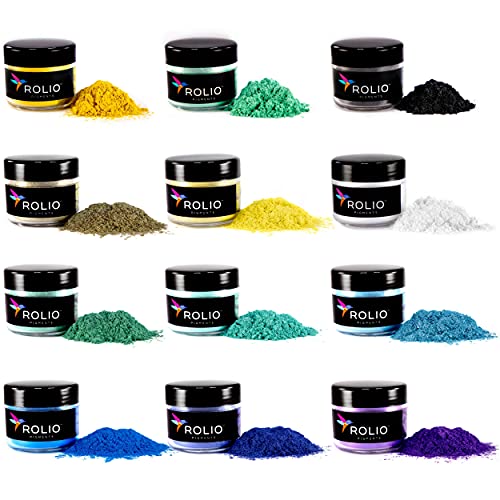 Rolio - Mica Powder - 12 Jars of Pearlescent Color Pigment for Paint, Dye, Soap Making, Nail Polish, Epoxy Resin, Candle Making, Bath Bombs, Slime - Summer Mountains