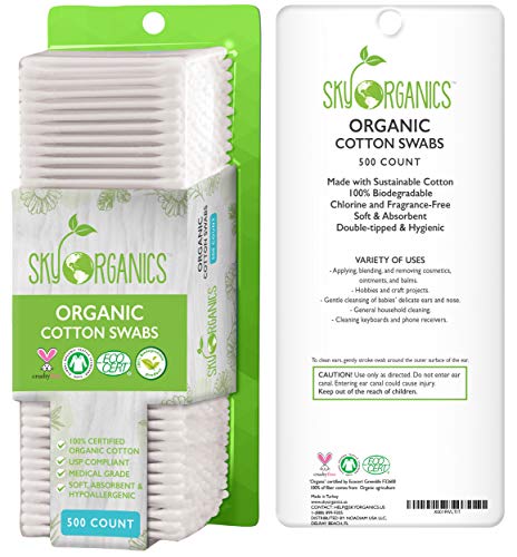 Sky Organics Organnic Cotton Swabs for Sensitive Skin, 100% Pure GOTS Certified Organic for Beauty & Personal Care, 500 ct.