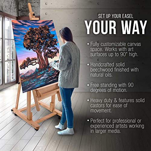 U.S. Art Supply Malibu Heavy Duty Extra Large Adjustable H-Frame Studio Easel with Artist Storage Tray - Tilts Flat, Sturdy Wooden Beech Wood Painting Canvas Holder Stand - Locking Caster Wheels