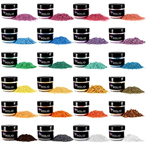 Rolio - Mica Powder - 24 Jars of Pearlescent Color Pigment for Paint, Dye, Soap Making, Nail Polish, Epoxy Resin, Candle Making, Bath Bombs, Slime - Pastel Set