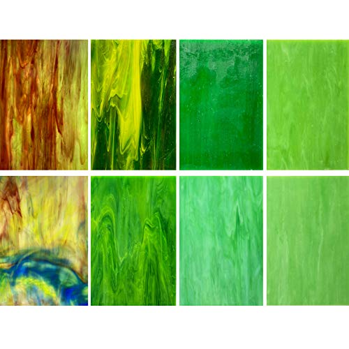 LITMIND 8 Sheets Mosaic Tiles Glass for Crafts, 4 x 6 inch Green Stained Glass Sheets Variety and Art Glass Pack, Mixed Colors and Patterns (Shades of Green)