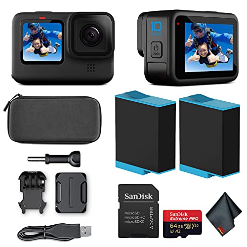 GoPro HERO10 Black (Hero 10) - Waterproof Action Camera with Front LCD and Touch Rear Screens, New GP2 Engine, 5K HD Video, 23MP Photos, Live Streaming, 64GB Extreme Pro Card and Extra Battery