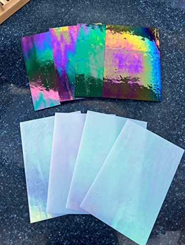 LITMIND 8 Pack Stained Glass Sheets Variety Pack, 4 x 6 inch Iridescent Glass Sheets for Beginners, Mosaic Tiles for Crafts, Art Glass Pack (Opaque/Iridescent Black & White)