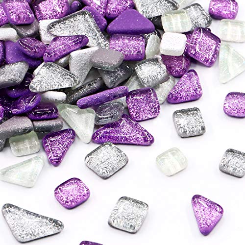 Swpeet 1 Pound Sliver + Purple Shine Crystal Series Mosaic Tiles Assortment Kit, Square and Triangle Genuine Mosaic Tiles Glitter Crystal Mosaic Perfect for Home Decoration Crafts - Mosaic Tiles K