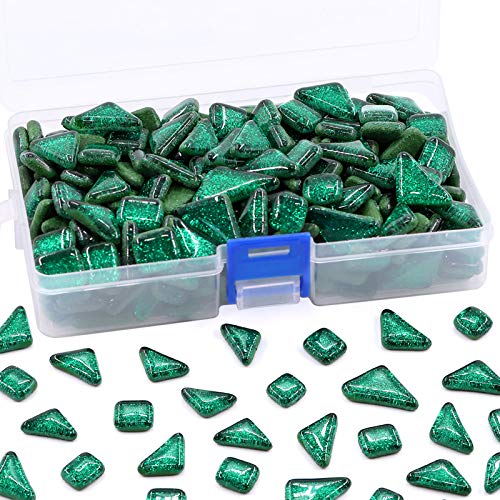 Swpeet 1 Pound Deep Green Shine Crystal Series Mosaic Tiles Assortment Kit, Square and Triangle Genuine Mosaic Tiles Glitter Crystal Mosaic Perfect for Home Decoration Crafts