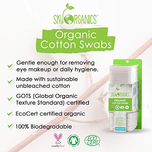 Sky Organics Organnic Cotton Swabs for Sensitive Skin, 100% Pure GOTS Certified Organic for Beauty & Personal Care, 500 ct.