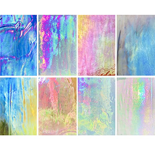 LITMIND 8 Pack Stained Glass Sheets Variety Pack, 4 x 6 inch Iridescent Glass Sheets for Beginners, Mosaic Tiles for Crafts, Art Glass Pack (Opaque/Iridescent)