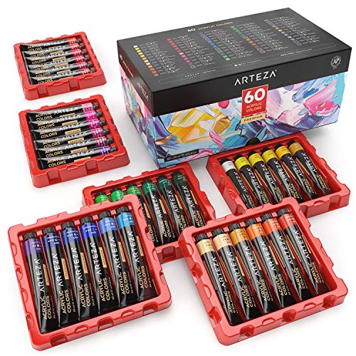 Arteza Acrylic Paint, Set of 60 Colors, 0.74 oz/22 ml Tubes, Art Paint includes 5 Metallic Colors, Rich Pigments, Non-Fading, Non-Toxic Paints for Artist & Hobby Painters, Art Supplies for Painting