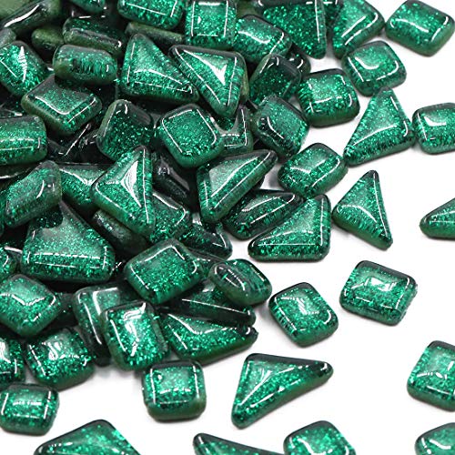Swpeet 1 Pound Deep Green Shine Crystal Series Mosaic Tiles Assortment Kit, Square and Triangle Genuine Mosaic Tiles Glitter Crystal Mosaic Perfect for Home Decoration Crafts