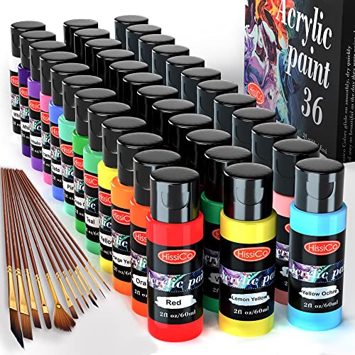 Acrylic Paint Set of 36 Colors 2fl oz 60ml Bottles with 12 Brushes,Non Toxic 36 Colors Acrylic Paint No Fading Rich Pigment for Kids Adults Artists Canvas Crafts Wood Painting